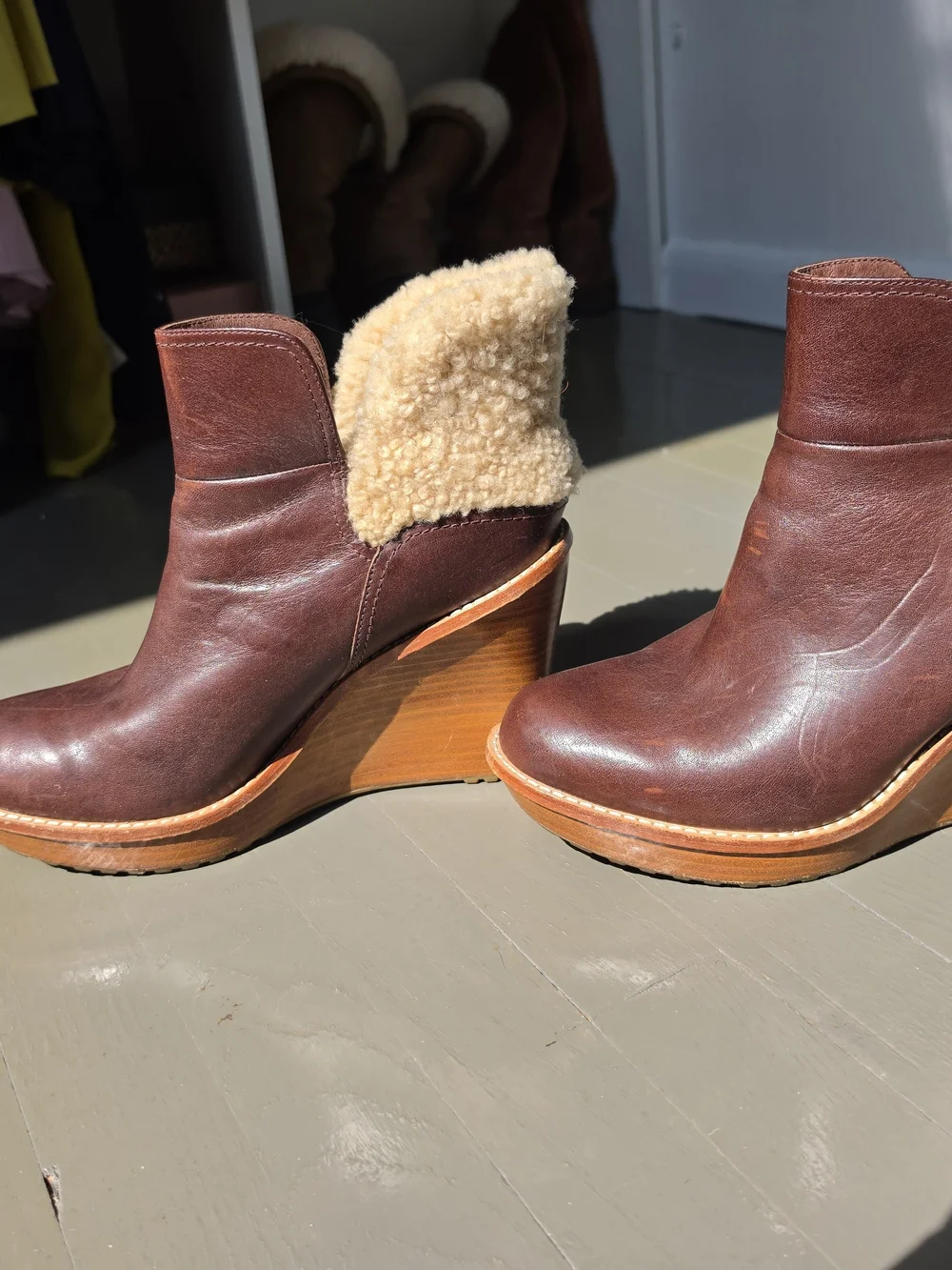 UGG Brown Leather Wedge Booties with Cream Shearling Cuff